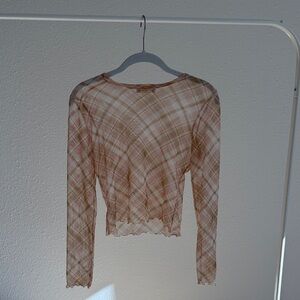 Sheer Pink Plaid Long Sleeve Women's Top